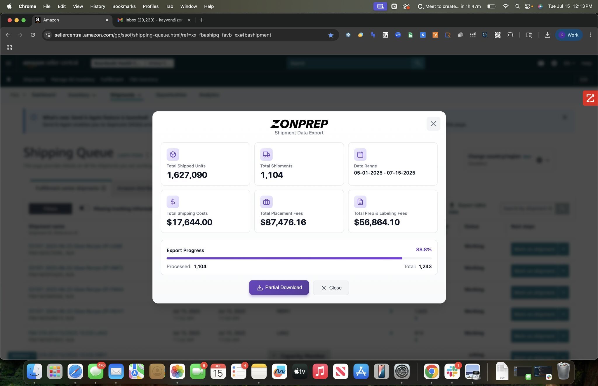 Shipment plan view inside the ZonPrep portal, showing unit counts and destination splits for an inbound shipment